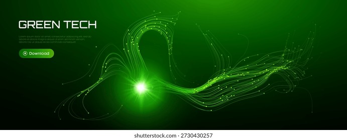 Fiber data ai with wave green bg and tech background black. Dot line optic with abstract flow big and circle esg shape. Technology digital fiber with light futuristic wave and texture vector green.