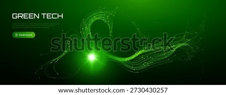 Fiber data ai with wave green bg and tech background black. Dot line optic with abstract flow big and circle esg shape. Technology digital fiber with light futuristic wave and texture vector green.