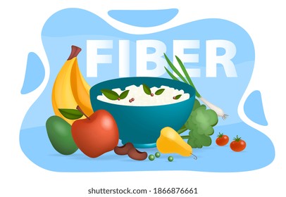 Fiber Food Concept. Healthy Nutrition And Diet. Food Rich Fiber, Beans And Rice, Broccoli, Tomatoe, Banana, Avocado And Apple. Cartoon Flat Vector Illustration