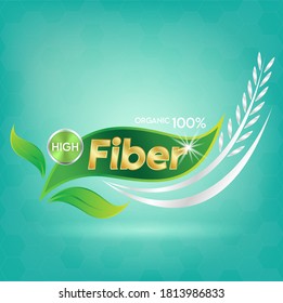 Fiber in Food concept label in golden letters in green frame on Light blue background. For designing for products. Vector EPS10