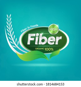 Fiber in Food concept label in golden letters in green frame on Light blue background. For designing for products. Vector EPS10