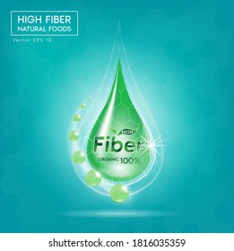 Fiber in Food concept label in golden letters in green frame on Light blue background. For designing for products. Vector EPS10