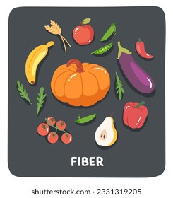 Grupo de alimentos de fibra con verduras, conjunto de frutas. Calabaza, alubias de guisantes, manzana, paprika, tomate, pera, pegatina para la recolección de trigo entero. Categoría de energía nutricional saludable, dieta natural e ilustración vectorial plana