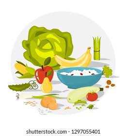 Fiber food set. Beans and broccoli, rice and apple. Healthy nutrition. Fruit and vegetable. Isolated vector illustration in cartoon style