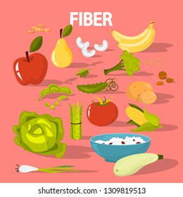 Fiber food set. Beans and broccoli, rice and apple. Healthy nutrition. Fruit and vegetable. Isolated vector illustration in cartoon style