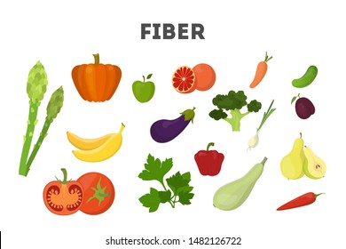 Fiber food set. Beans and broccoli, tomato and apple. Healthy nutrition. Fruit and vegetable. Isolated vector illustration in cartoon style