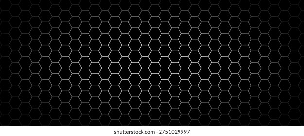 Fiber honeycomb gradient with carbon hexagon on black background for tech presentation. Large hex grid glows from a bright gradation at the center. Dark honeycomb vector background for bg design.
