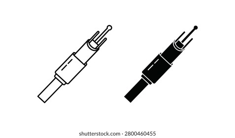 Fiber optic cable connector in outline and solid black styles for network connectivity and data transmission technology concepts on a white background