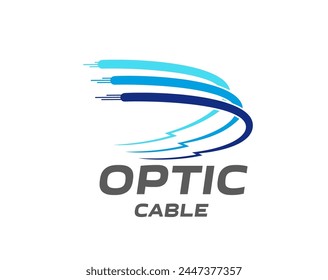 Fiber optic cable icon, internet technology. Isolated vector emblem for telecommunication, connection and networking. Dynamic cord lines convey speed, connectivity and high-speed internet traffic