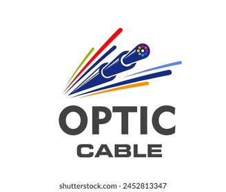 Icono de cable de fibra óptica. Emblema de Vector aislado para conexión a internet, tecnología de telecomunicaciones y redes. Los cables dinámicos con líneas coloridas transmiten la velocidad y el tráfico de datos de banda ancha