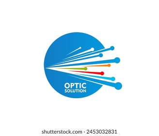 Fiber optic cable icon. Isolated vector emblem with stylized dynamic wires in blue circle. Symbol of telecommunication, data traffic transmission and connectivity or high-speed internet connection