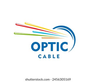 Icono de cable de fibra óptica. Emblema de Vector aislado con líneas de alambre dinámicas de colores en círculo azul. Símbolo de conexión a Internet de alta velocidad, telecomunicaciones, transmisión de tráfico de datos y conectividad