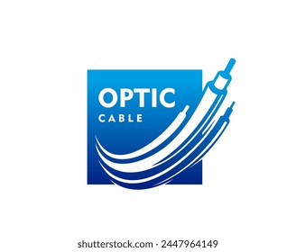 Icono de cable de fibra óptica para tecnología de telecomunicaciones, TV digital o proveedor de Internet, emblema de Vector. Alambres de cable de fibra óptica en signo cuadrado azul para tecnología de televisión y difusión de TV