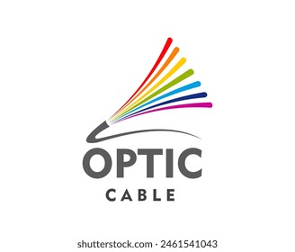 Fiber optic cable icon for television, telecommunication or internet provider, vector emblem. Rainbow wires of optical fiber cable for digital communication technology and TV broadcasting company