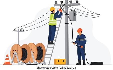 fiber optic cable internet broadband installation on Electric pole Technicians team service isometric isolated cartoon