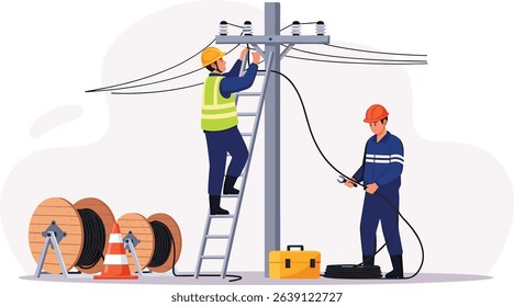 fiber optic cable internet broadband installation on Electric pole Technicians team service isometric isolated cartoon