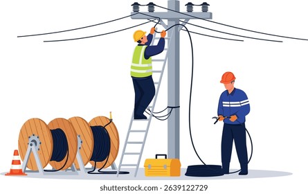fiber optic cable internet broadband installation on Electric pole Technicians team service isometric isolated cartoon