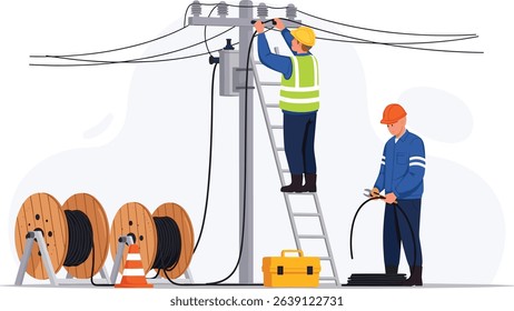 fiber optic cable internet broadband installation on Electric pole Technicians team service isometric isolated cartoon