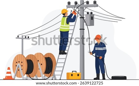 fiber optic cable internet broadband installation on Electric pole Technicians team service isometric isolated cartoon