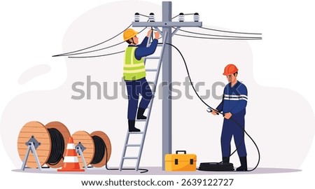fiber optic cable internet broadband installation on Electric pole Technicians team service isometric isolated cartoon