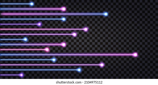 Fiber optic cable lines. Neon glowing light effect. Network connection  digital technology. Isolated design element on dark transparent background. Vector illustration