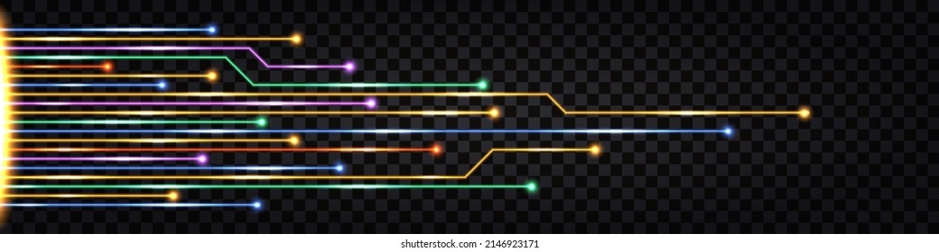 Fiber optic cable lines with neon light glow effect. Network connection, digital  communication technology design. Isolated on tranparent background. Vector illustration