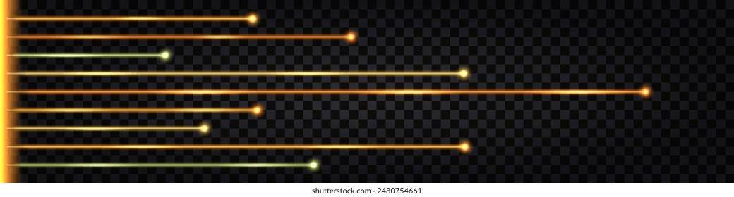 Fiber optic cable lines with neon light glow effect yellow lines. Dynamic impulse speed, digital  communication technology design. Isolated on tranparent background. Vector illustration