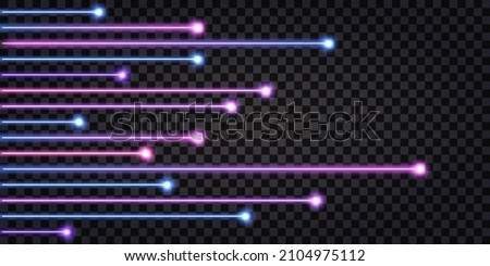 Fiber optic cable lines. Neon glowing light effect. Network connection  digital technology. Isolated design element on dark transparent background. Vector illustration