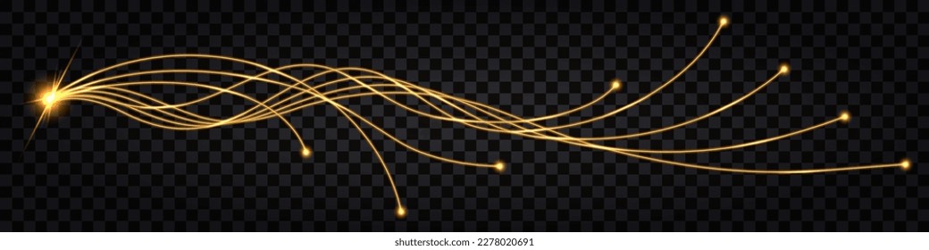 Líneas de cable de fibra óptica. Onda giratoria, efecto luminoso amarillo, perno de trueno. Comunicación de datos cibernéticos, tecnología digital, diseño de alta tecnología. Aislado en fondo transparente, ilustración vectorial