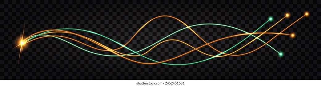 Fiber optic cable lines. Swirl wave, yellow and green light glowing effect, thunder bolt. Cyber data communication,  futuristic hi tech design. Isolated on transparent background, vector illustration