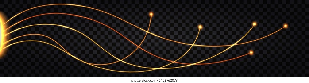 Fiber optic cable lines. Swirl wave, yellow light glowing effect, thunder bolt. Cyber data communication,  futuristic hi tech design. Isolated on transparent background, vector illustration