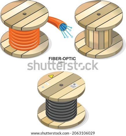 fiber optic cable on a large wooden spool isolated on white background