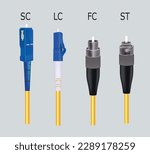 Fiber optic cable with SC, LC, FC and ST connector. vector