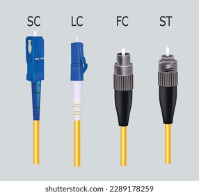 Cable de fibra óptica con conector SC, LC, FC y ST. vector