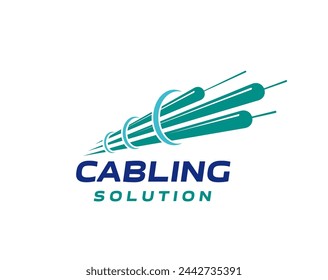 Fiber optic cable telecommunication icon. Isolated vector emblem with dynamic fibre wire broadband strand. Label for internet high-speed connection, fast data transmission and networking technology