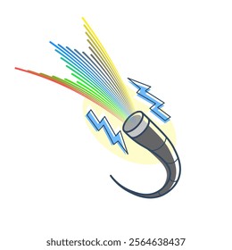 fiber optic cable that emits light rays for data transmission through light. a blue lightning flash indicates high-speed data transfer. relevant to the topic of internet technology.