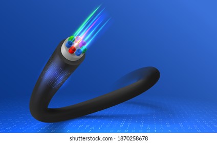 Fiber optic cable vector concept illustration for network and telecommunication technology. Fibre wire core with different colors cables. High speed communication and data transfer technology