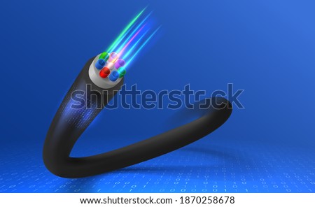 Fiber optic cable vector concept illustration for network and telecommunication technology. Fibre wire core with different colors cables. High speed communication and data transfer technology