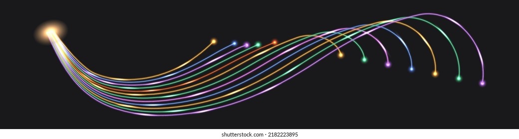 Fiber optic cables; fibre network technology. Colorful neon glowing light effect, impulse lines, yellow, blue,green and purple wave swirl. Flash thunder bolt. Vector illustration