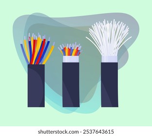 Fiber optic cables vector illustrations for equipment set. Cartoon drawings of electric wires for appliances, tools. Technology, network, Internet, connection, telecommunication concept