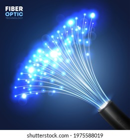 Fiber Optic Communication Technology. Realistic Vector Cable With Glowing Bright Blue Light Bundle Of Optic Fibers. Telecommunication, Data And Internet Data Transfer Future Tech Background