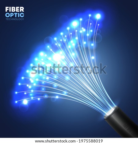 Fiber optic communication technology. Realistic vector cable with glowing bright blue light bundle of optic fibers. Telecommunication, data and Internet data transfer future tech background