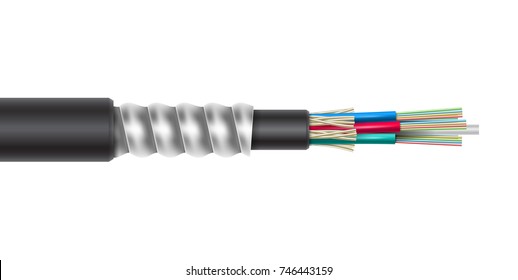 Fiber optic jacketed cable with interlocking armor structure isolated on white background. Vector realistic illustration.