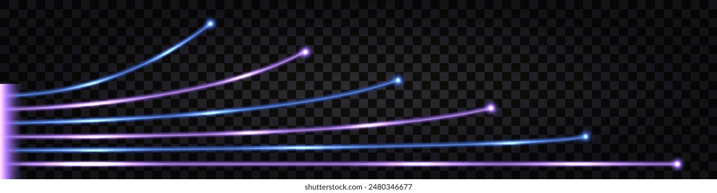 Fiber Optic lines with neon glowing light effect. High Technology fibre optic cables, dynavic impulse with thunder bolt, purple and blue glowing llines. Isolated transparent vector illustration