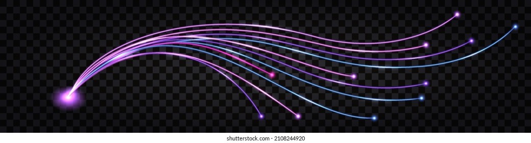 Fiber optic network technology, impulse cable lines, neon glowing light, blue and purple wires with flare bolt effect. Isolated design element on transparent background, vector illustration