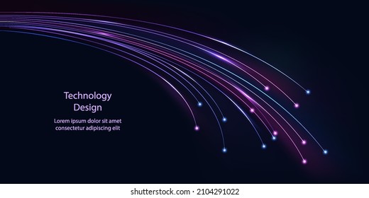 Fiber optic network technology. Neon glowing cable lines with light flare effect. Abstract tech design background. Network, connection, communication. Vector illustration