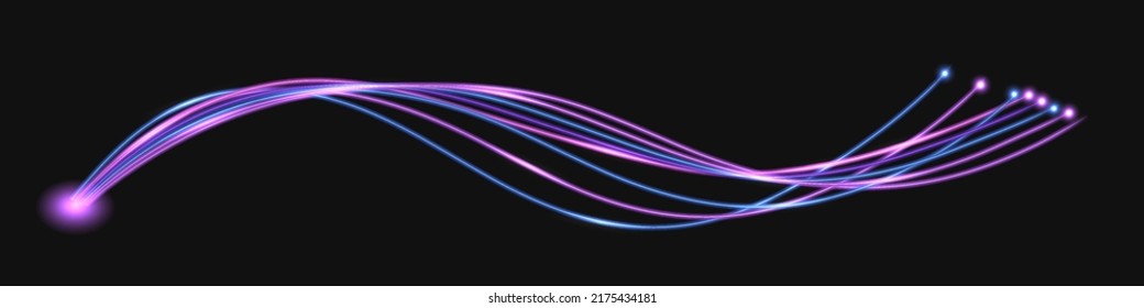 Fiber optic network technology; neon purple glowing wave swirl, thunder bolt, impulse cable lines. isolated on dark background. vector illustration