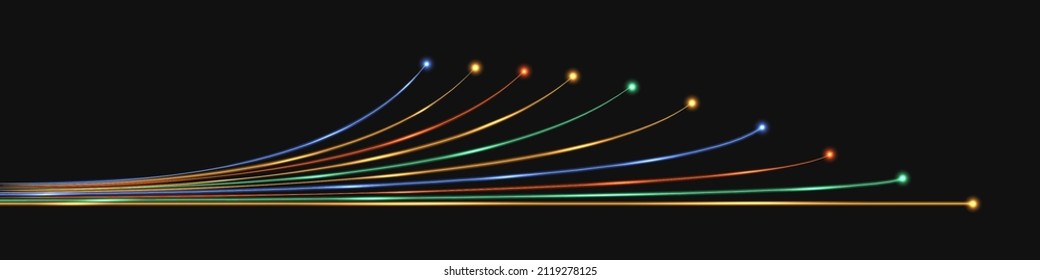 Glasfaser-Netztechnik, bunt leuchtende Seillinien, neonleuchtender Lichteffekt. Dynamische Drähte. Futuristisches Design-Element einzeln auf schwarzem Hintergrund. Vektorgrafik