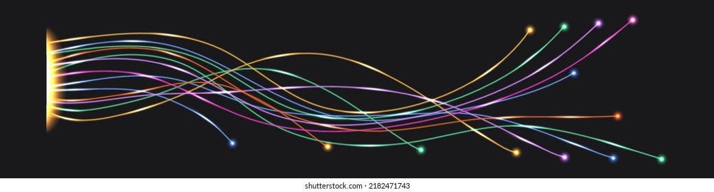 Fiber optic  swirl cable lines, neon glowing light effect. Thunder bolt, electric burst, impulse wave twist lines. Technology design element, bright on dark background. Vector illustration