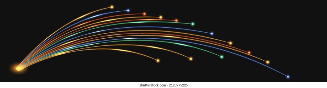 Fiber optic technology, colorful impulse cable lines with light glow effect. Fibre techno design, connection and communication data transfer. Vector illustration
